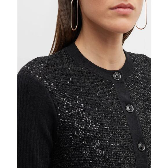 CURRENT St John Sequin-Front Wide Rib Knit Wool Silk Cardigan sz M $795 - Picture 2 of 13